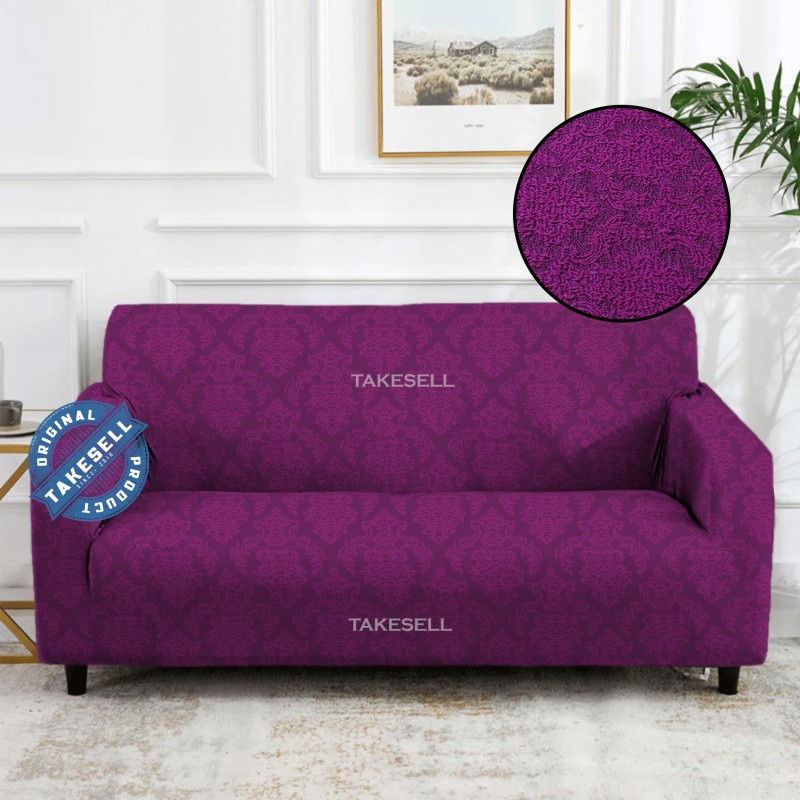 Fuchsia Floral Damask Ruffled Jacquard Sofa Cover Full Spandex 2+2+1
