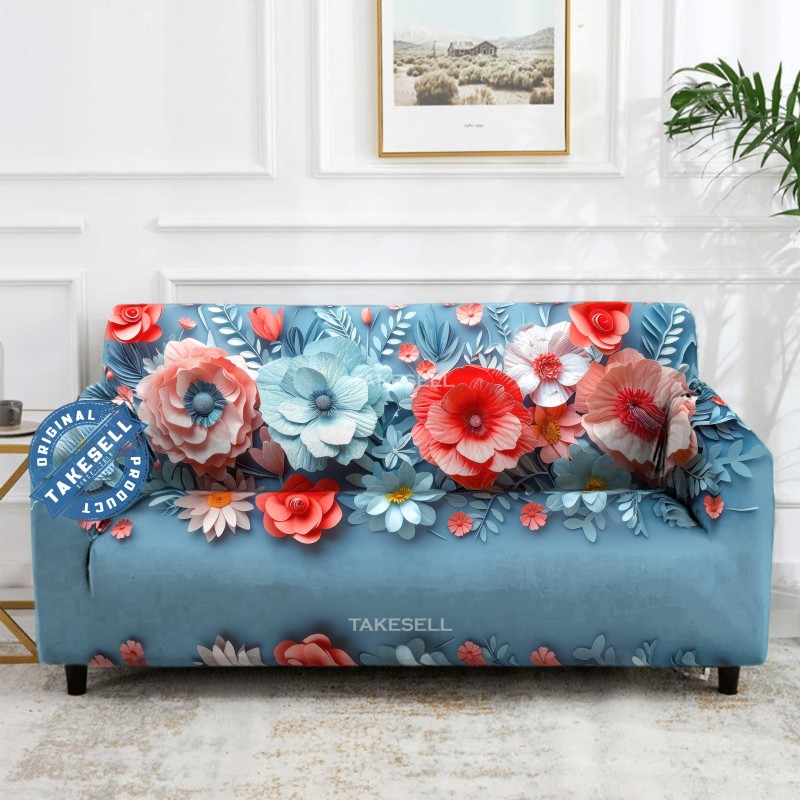 3D Photorealistic Coral & Blue Floral Print Stretch Sofa Cover